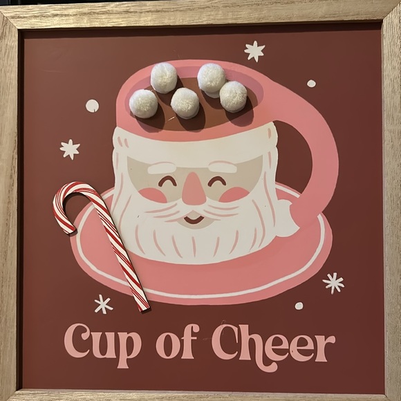 NWT Cup of Cheer Pink Santa Hot Cocoa Christmas Wood Frame Wall Art - Picture 2 of 3